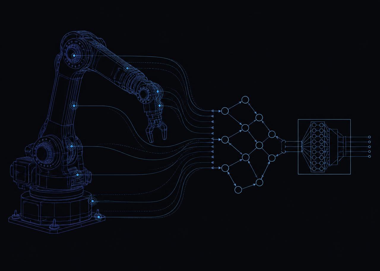 Wireframe robotic arm with sensor signals feeding a causal graph and a decision engine